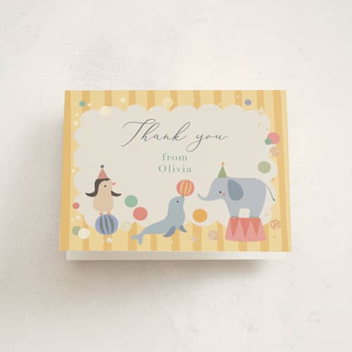 This is a honey thank you cards with foil pressed by Cubeely Paris called a little circus celebration printing on strathmore in standard