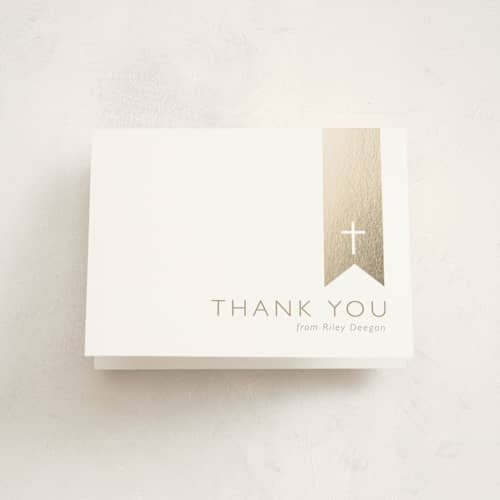 This is a brass kids thank you cards with standard by Erin Deegan called gold on white printing on strathmore in standard