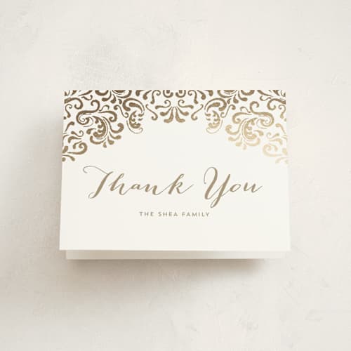 This is a gold kids thank you cards with foil pressed by Chris Griffith called black tie printing on strathmore in standard
