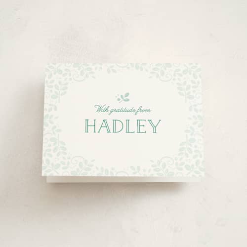 This is a seafoam kids thank you cards with standard by Jessica Williams called darling garden printing on strathmore in standard