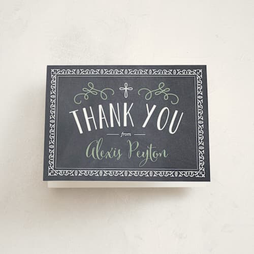 This is a shamrock kids thank you cards with standard by Erin Deegan called a chalkboard baptism printing on strathmore in standard