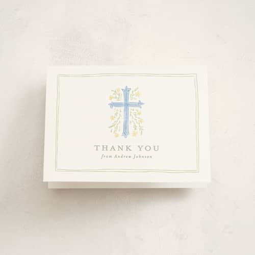 This is a blue jay kids thank you cards with standard by Creo Study called botanical cross printing on strathmore in standard
