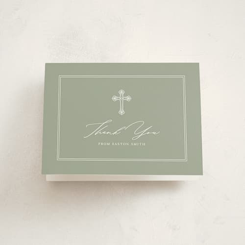 This is a sage kids thank you cards with standard by Sarah Hawkins Designs called ornate cross printing on strathmore in standard