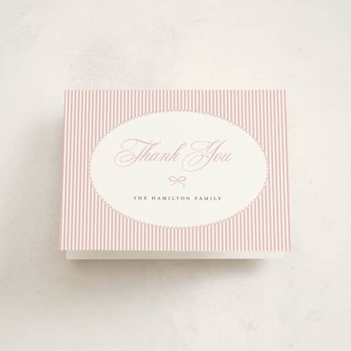 This is a blush kids thank you cards with standard by Benita Crandall called preppy stripes printing on strathmore in standard