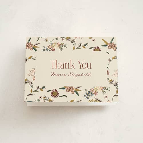 This is a tan kids thank you cards with standard by Becky Nimoy called silk floral print printing on strathmore in standard