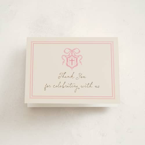 This is a peony kids thank you cards with standard by Jackie Crawford called little bow crest printing on strathmore in standard