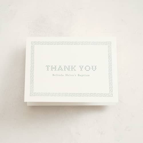 This is a jade kids thank you cards with standard by Becky Nimoy called cross stitch printing on strathmore in standard