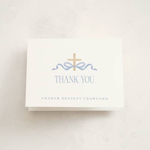 This is a celestial kids thank you cards with standard by Olivia Raufman called ribbon and cross printing on strathmore in standard