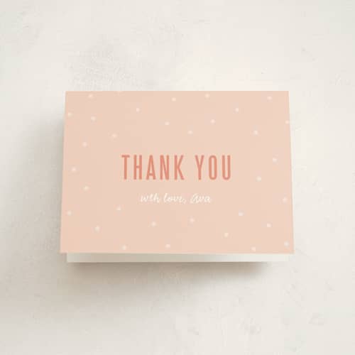 This is a coral kids thank you cards with standard by Lauren Chism called pizza party hat printing on strathmore in standard