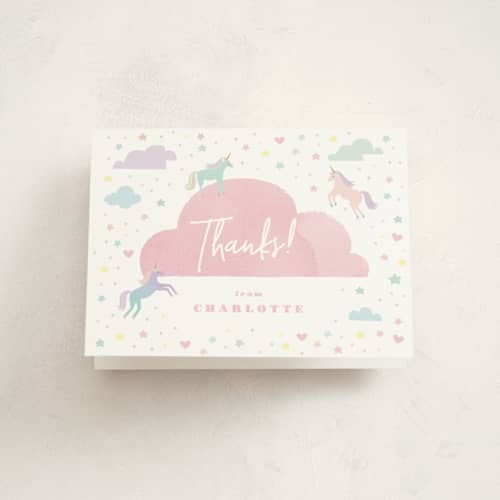 This is a bubblegum kids thank you cards with standard by Jennifer Wick called unicorn dreams printing on strathmore in standard