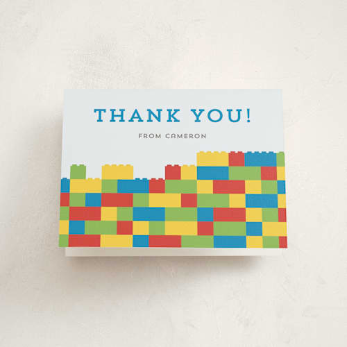 This is a cobalt kids thank you cards with standard by Belia Simm called master builders party printing on strathmore in standard
