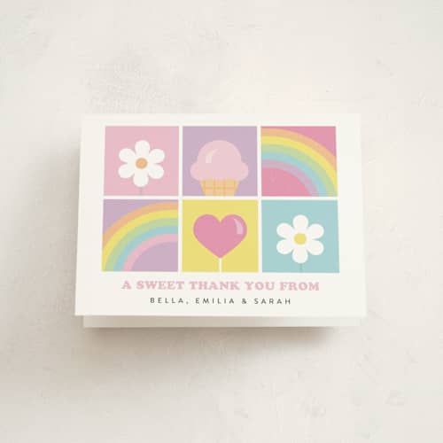 This is a cupcake kids thank you cards with standard by Maria Alou called sweet party printing on strathmore in standard