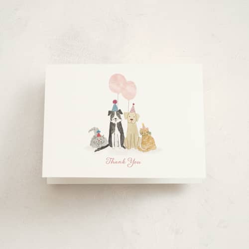 This is a bubblegum kids thank you cards with standard by Elizabeth Bishop called it's a paw-ty! printing on strathmore in standard