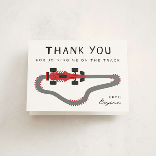 This is a ruby kids thank you cards with standard by Ester Bernaldo de Quiros called formula one car printing on strathmore in standard