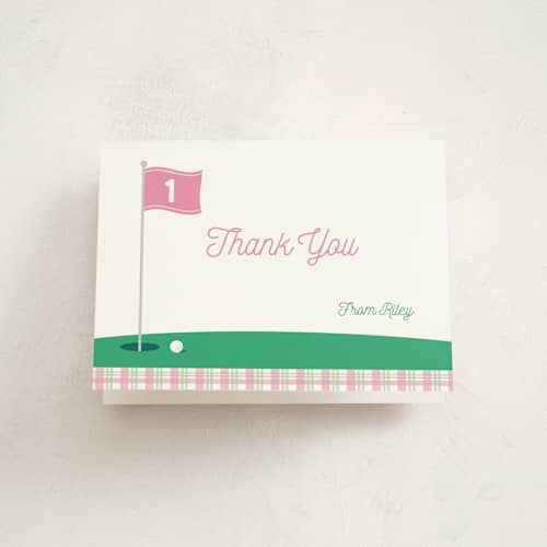 This is a bubblegum kids thank you cards with standard by Tiffany Quon called 1st par-tee! printing on strathmore in standard