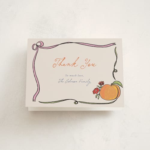 This is a cream kids thank you cards with standard by Kartika Paramita called berry peach printing on strathmore in standard