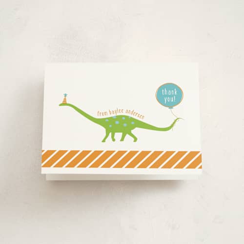 This is a lake kids thank you cards with standard by freckle fish called party like a dinosaur printing on strathmore in standard