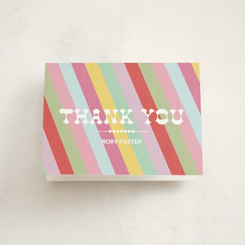 This is a rainbow kids thank you cards with standard by SimpleTe Design called circus stripes printing on strathmore in standard