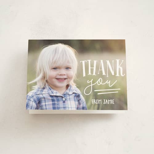 This is a candy apple kids thank you cards with standard by Jessie Steury called oink & moo printing on strathmore in standard