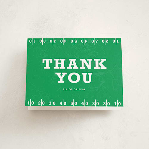 This is a sporting green kids thank you cards with standard by lena barakat called go team printing on strathmore in standard