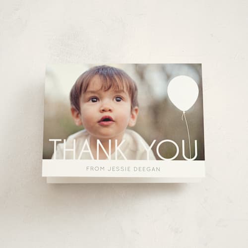 This is a white kids thank you cards with standard by Erin Deegan called balloon party printing on strathmore in standard