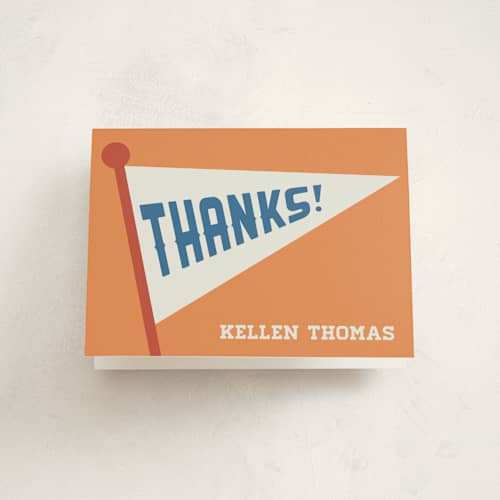 This is a navy kids thank you cards with standard by Jessie Steury called game day printing on strathmore in standard