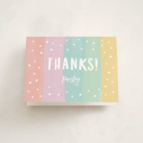 This is a sherbet kids thank you cards with standard by Jennifer Wick called rainbow one printing on strathmore in standard