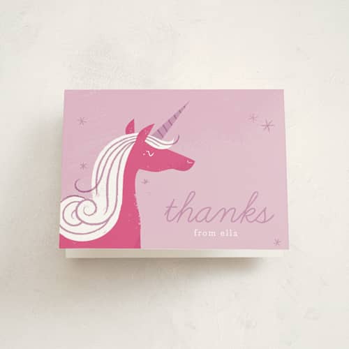 This is a lilac kids thank you cards with standard by Carmi Cioni called sweet unicorn printing on strathmore in standard