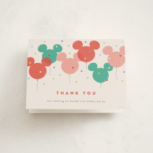 This is a berry kids thank you cards with standard by chocomocacino called disney's mickey mouse balloon trio printing on strathmore in standard