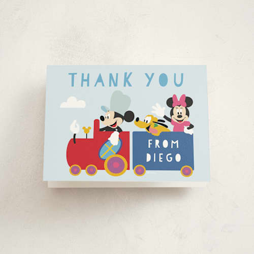 This is a sky kids thank you cards with standard by Madhvi Samimi called disney mickey & friends birthday train printing on strathmore in standard