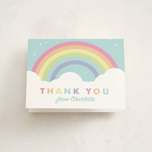 This is a mint kids thank you cards with standard by Maria Alou called pastel rainbow sparkles printing on strathmore in standard