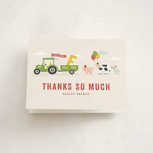 This is a cream kids thank you cards with standard by Michelle Taylor called party parade printing on strathmore in standard