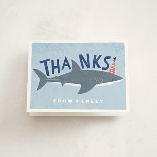 This is a sky kids thank you cards with standard by Karidy Walker called shark tank printing on strathmore in standard