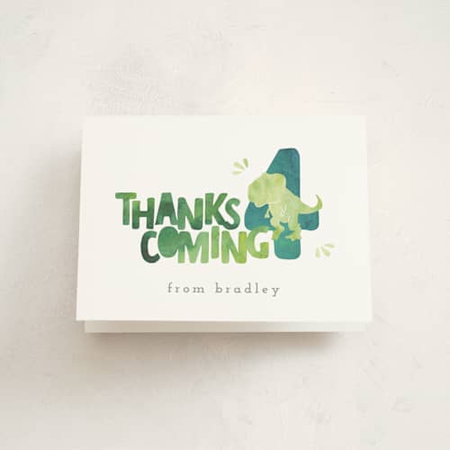 This is a lime kids thank you cards with standard by Cindy Denning called dino party printing on strathmore in standard