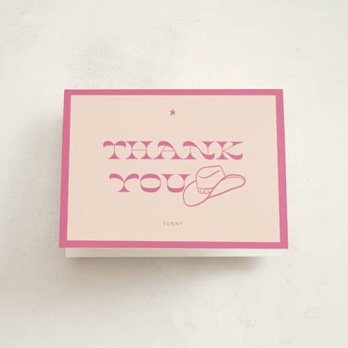 This is a peony kids thank you cards with standard by Rachel Cassel called cowgirl birthday printing on strathmore in standard