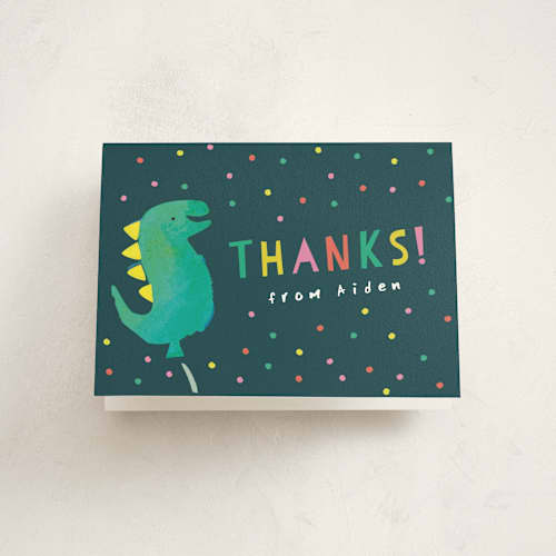 This is a teal kids thank you cards with standard by Lori Wemple called dinosaur balloon printing on strathmore in standard
