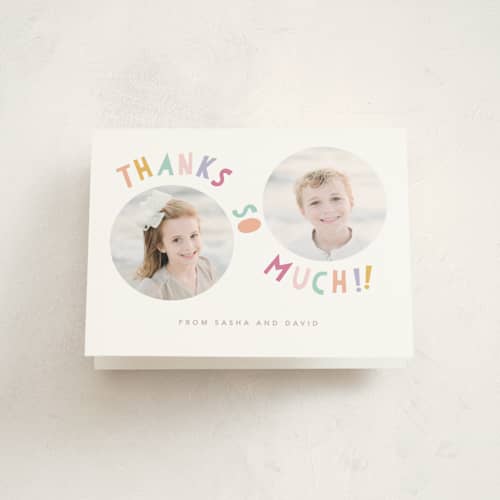 This is a sherbet kids thank you cards with standard by Creo Study called double the fun printing on strathmore in standard
