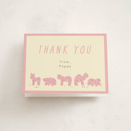This is a pink sugar kids thank you cards with standard by Jennifer Postorino called animal cracker parade printing on strathmore in standard
