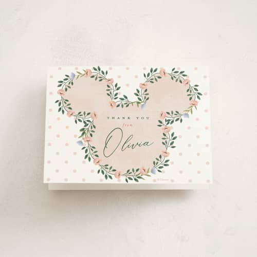 This is a clementine kids thank you cards with standard by Susan Zinader called disney's minnie wildflower printing on strathmore in standard