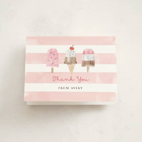 This is a bubblegum kids thank you cards with standard by Shirley Lin Schneider called sweet treats printing on strathmore in standard