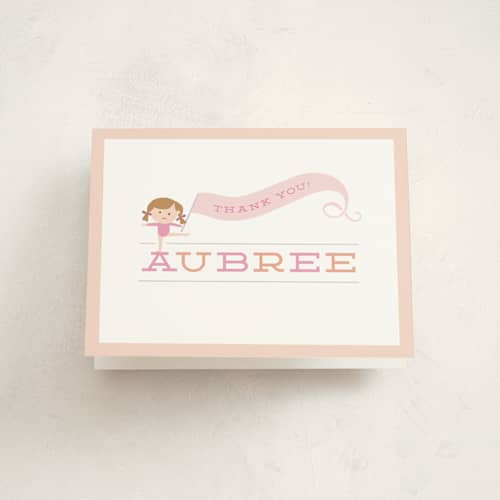 This is a peach kids thank you cards with standard by Jennifer Wick called perfect balance printing on strathmore in standard