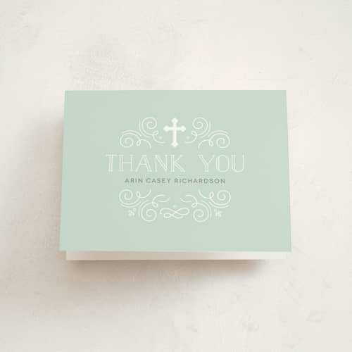 This is a spearmint kids thank you cards with standard by Jessica Williams called creamy swirls printing on strathmore in standard