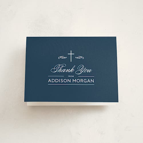 This is a navy kids thank you cards with standard by Beth Schneider called stately cross printing on strathmore in standard