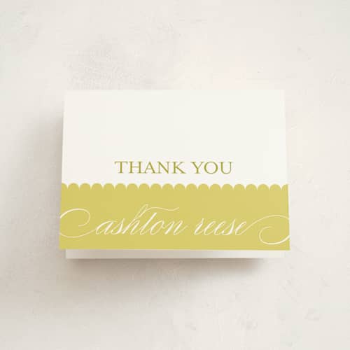 This is a lime kids thank you cards with standard by Annie Clark called sweet scallop printing on strathmore in standard