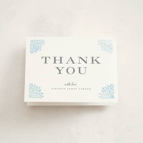 This is a powder blue kids thank you cards with standard by Michelle Taylor called water drops printing on strathmore in standard