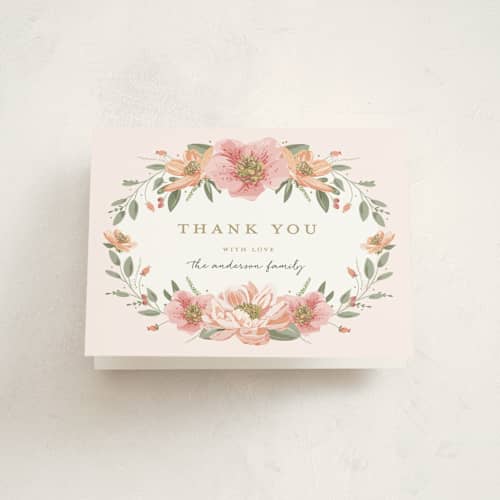 This is a blush kids thank you cards with standard by Susan Moyal called garden celebration printing on strathmore in standard