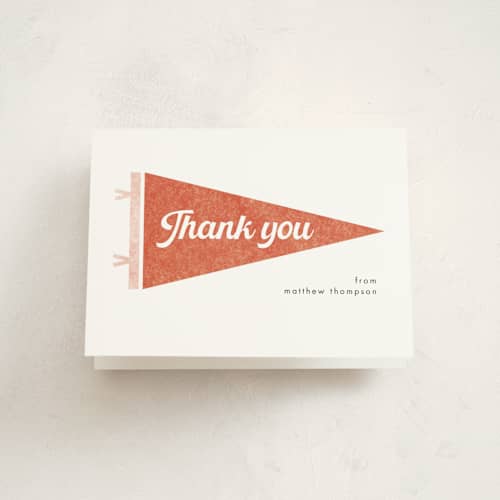 This is a cardinal graduation thank you cards with standard by Catherine Culvenor called pennant party printing on strathmore in standard