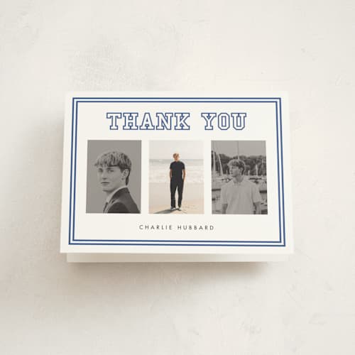 This is a royal graduation thank you cards with standard by Stacey Meacham called letterman printing on strathmore in standard