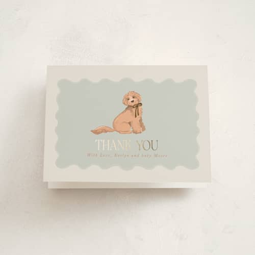 This is a sea fog baby shower thank you cards with foil pressed by Erin Kessler called waiting for a sibling printing on strathmore in standard
