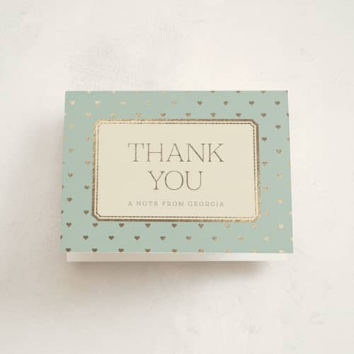 This is a seafoam baby shower thank you cards with foil pressed by Robert and Stella called brooke printing on strathmore in standard